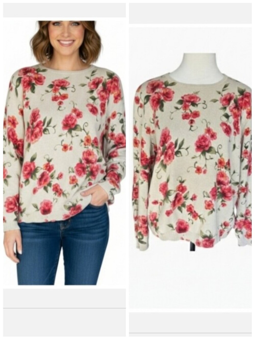 Alfred Dunner Floral Knit Sweater Tan Coral Women's Size Large